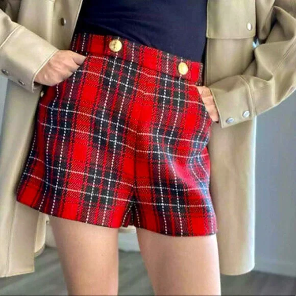 Zara Red Plaid Wool Blend Gold metallic Buttoned Shorts